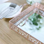 Metal Mirrored Rectangle Serving Tray 16"x12" in Rose Gold Fleur De Lis Design with Handles, French Inspired Decorative Vanity Tray Centerpiece - Bell Racket Store
