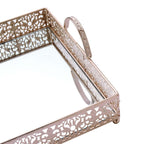 Metal Mirrored Rectangle Serving Tray 16"x12" in Rose Gold Fleur De Lis Design with Handles, French Inspired Decorative Vanity Tray Centerpiece - Bell Racket Store