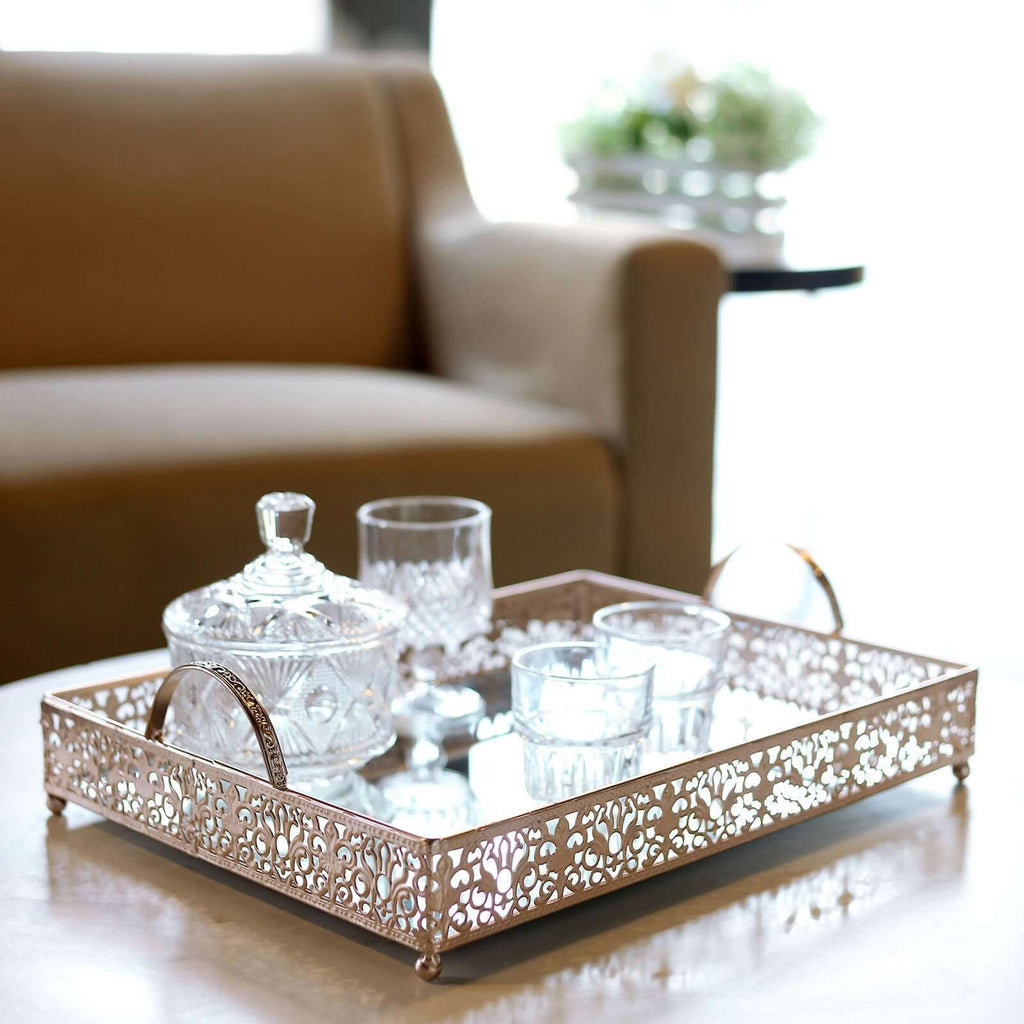 Metal Mirrored Rectangle Serving Tray 16"x12" in Rose Gold Fleur De Lis Design with Handles, French Inspired Decorative Vanity Tray Centerpiece - Bell Racket Store
