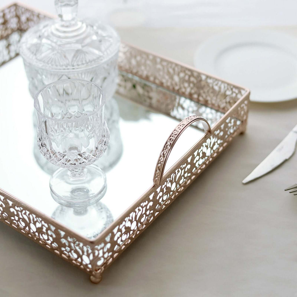 Metal Mirrored Rectangle Serving Tray 16"x12" in Rose Gold Fleur De Lis Design with Handles, French Inspired Decorative Vanity Tray Centerpiece - Bell Racket Store