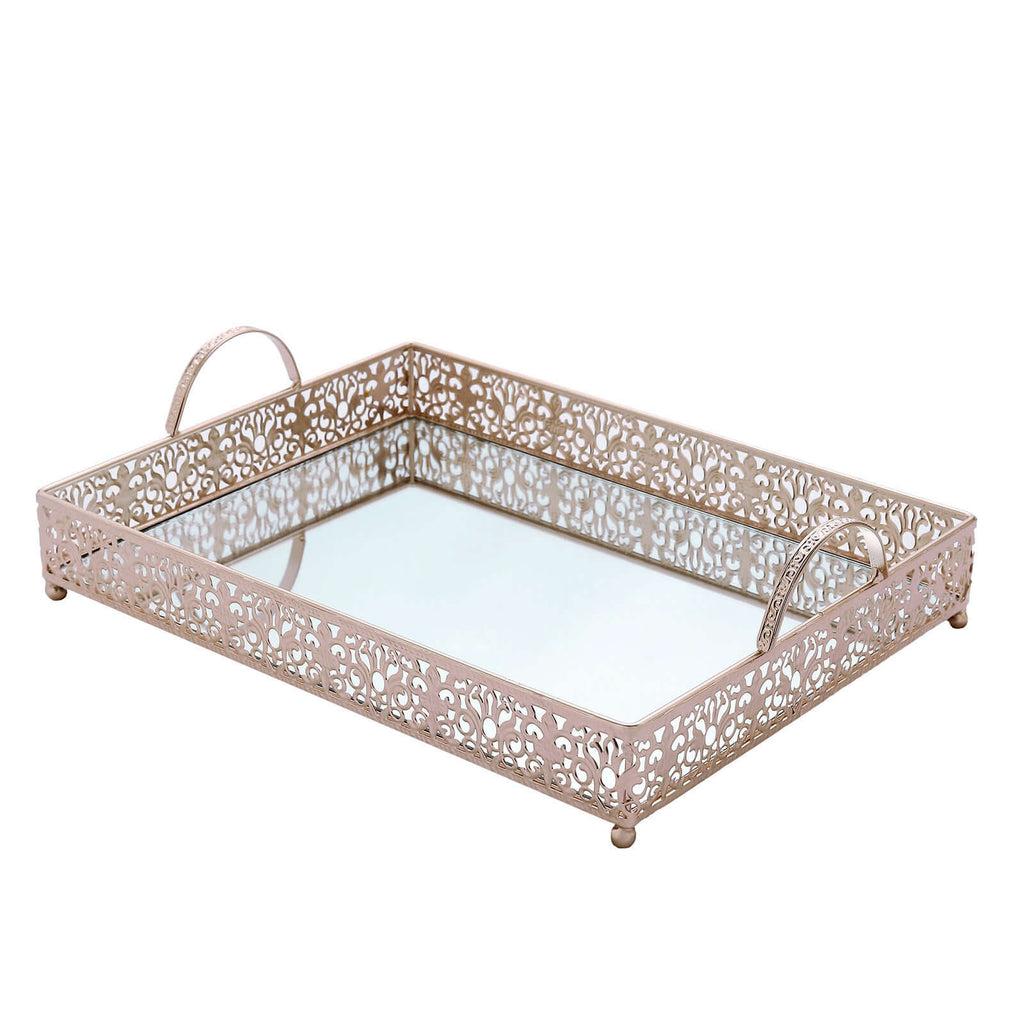 Metal Mirrored Rectangle Serving Tray 16"x12" in Rose Gold Fleur De Lis Design with Handles, French Inspired Decorative Vanity Tray Centerpiece - Bell Racket Store