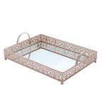 Metal Mirrored Rectangle Serving Tray 16"x12" in Rose Gold Fleur De Lis Design with Handles, French Inspired Decorative Vanity Tray Centerpiece - Bell Racket Store