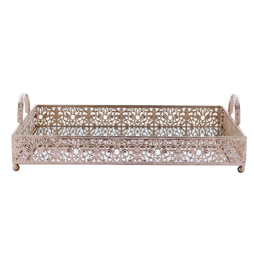 Metal Mirrored Rectangle Serving Tray 16"x12" in Rose Gold Fleur De Lis Design with Handles, French Inspired Decorative Vanity Tray Centerpiece - Bell Racket Store