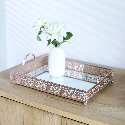 Metal Mirrored Rectangle Serving Tray 16"x12" in Rose Gold Fleur De Lis Design with Handles, French Inspired Decorative Vanity Tray Centerpiece - Bell Racket Store