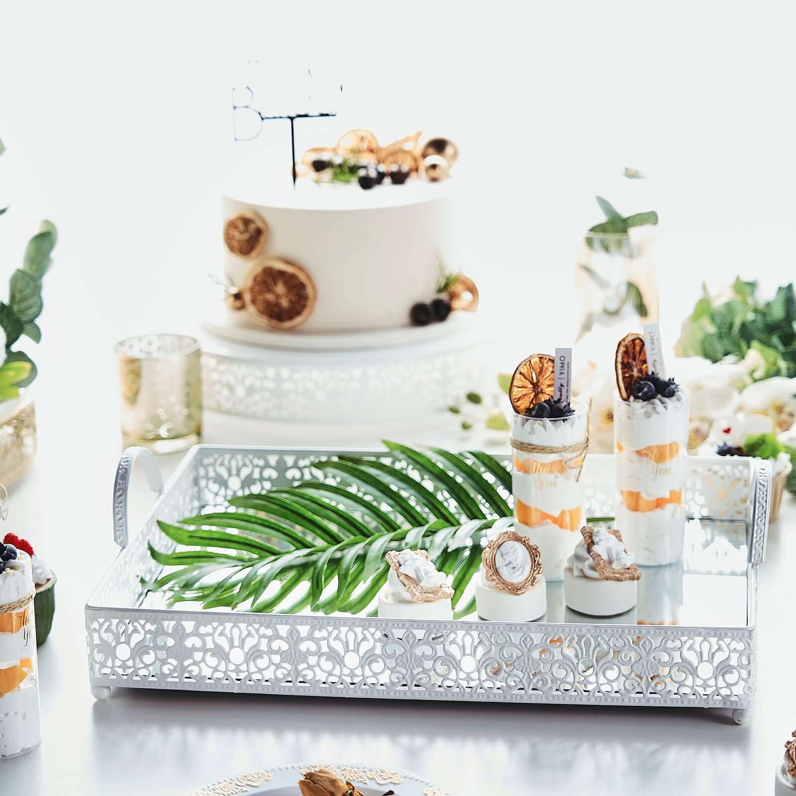 Metal Mirrored Rectangle Serving Tray 16"x12" in White Fleur De Lis Design with Handles, French Inspired Decorative Vanity Tray Centerpiece - Bell Racket Store