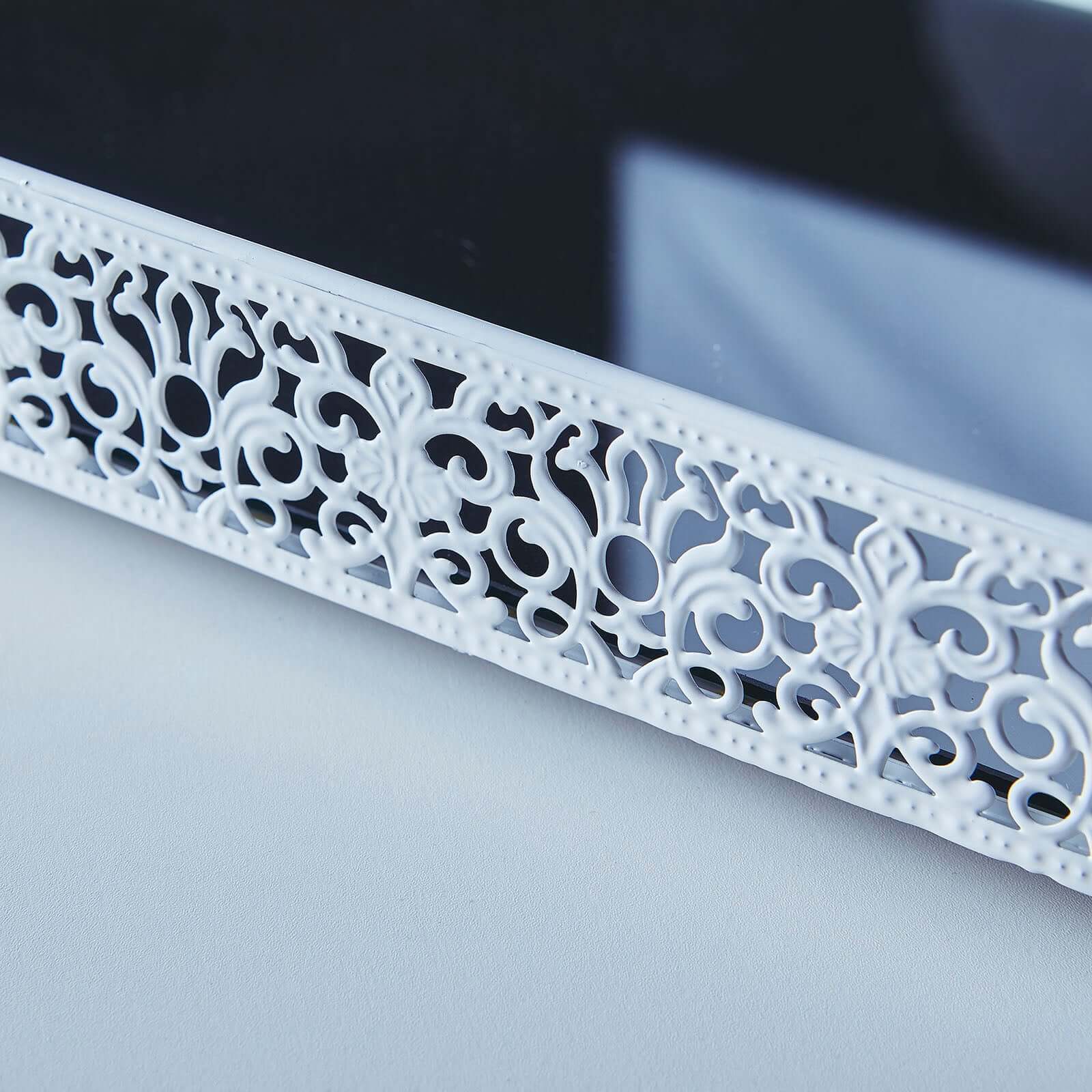 Metal Mirrored Rectangle Serving Tray 16"x12" in White Fleur De Lis Design with Handles, French Inspired Decorative Vanity Tray Centerpiece - Bell Racket Store