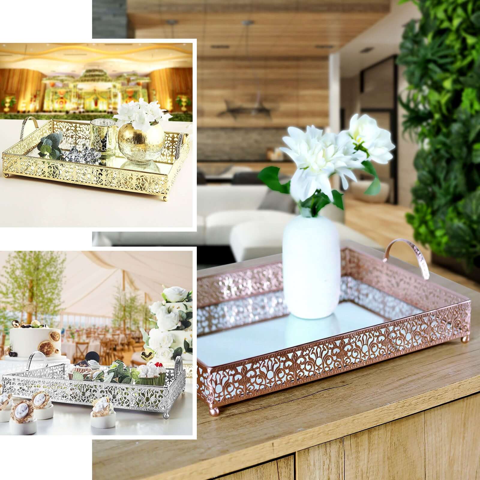 Metal Mirrored Rectangle Serving Tray 16"x12" in White Fleur De Lis Design with Handles, French Inspired Decorative Vanity Tray Centerpiece - Bell Racket Store