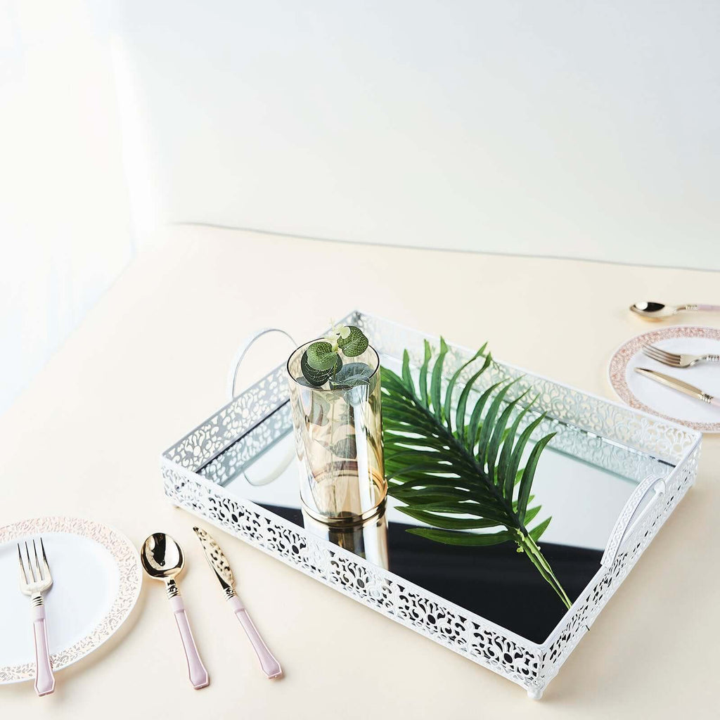 Metal Mirrored Rectangle Serving Tray 16"x12" in White Fleur De Lis Design with Handles, French Inspired Decorative Vanity Tray Centerpiece - Bell Racket Store