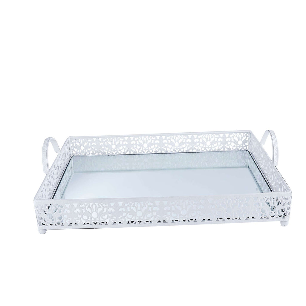 Metal Mirrored Rectangle Serving Tray 16"x12" in White Fleur De Lis Design with Handles, French Inspired Decorative Vanity Tray Centerpiece - Bell Racket Store