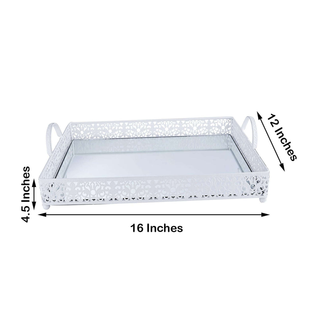 Metal Mirrored Rectangle Serving Tray 16"x12" in White Fleur De Lis Design with Handles, French Inspired Decorative Vanity Tray Centerpiece - Bell Racket Store