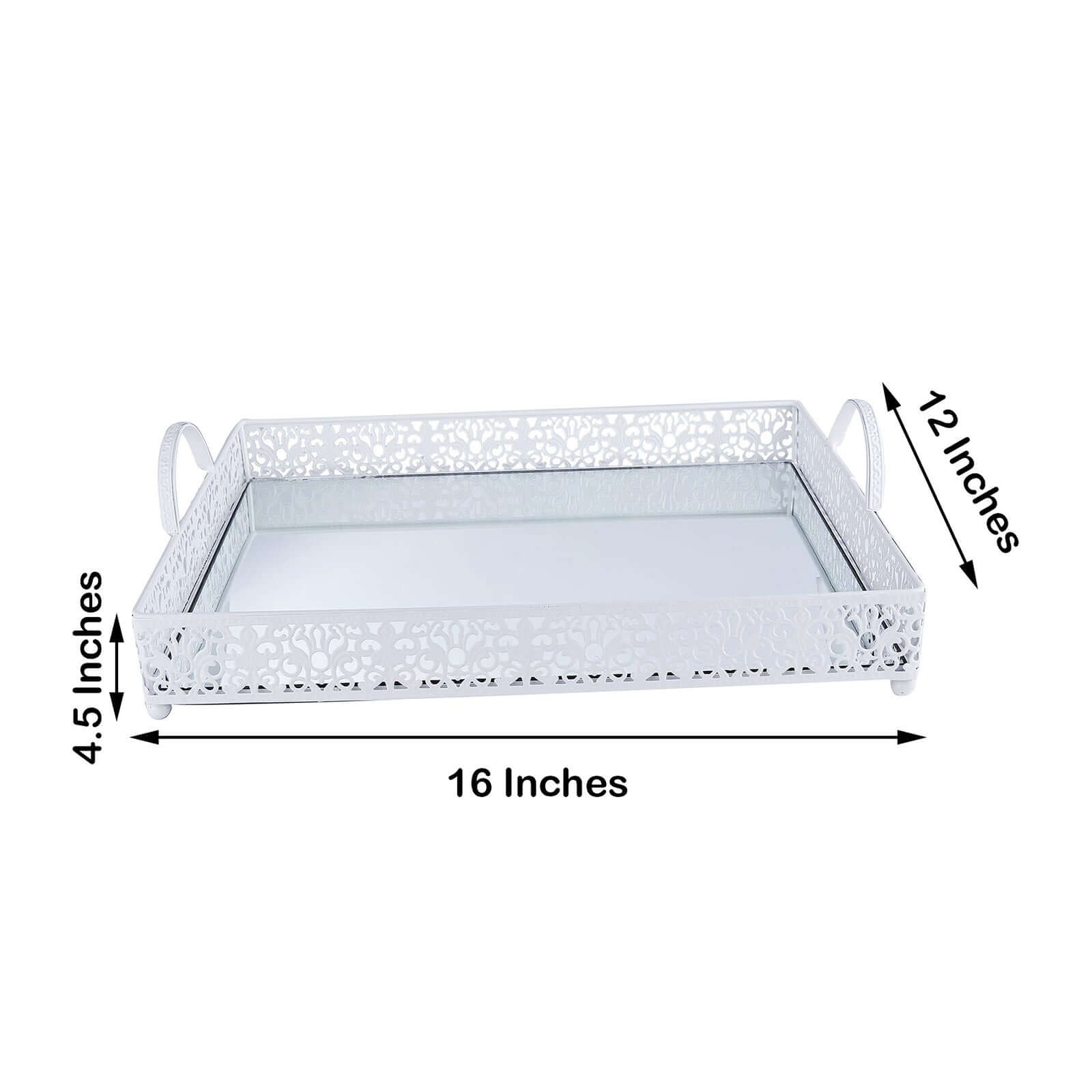 Metal Mirrored Rectangle Serving Tray 16"x12" in White Fleur De Lis Design with Handles, French Inspired Decorative Vanity Tray Centerpiece - Bell Racket Store