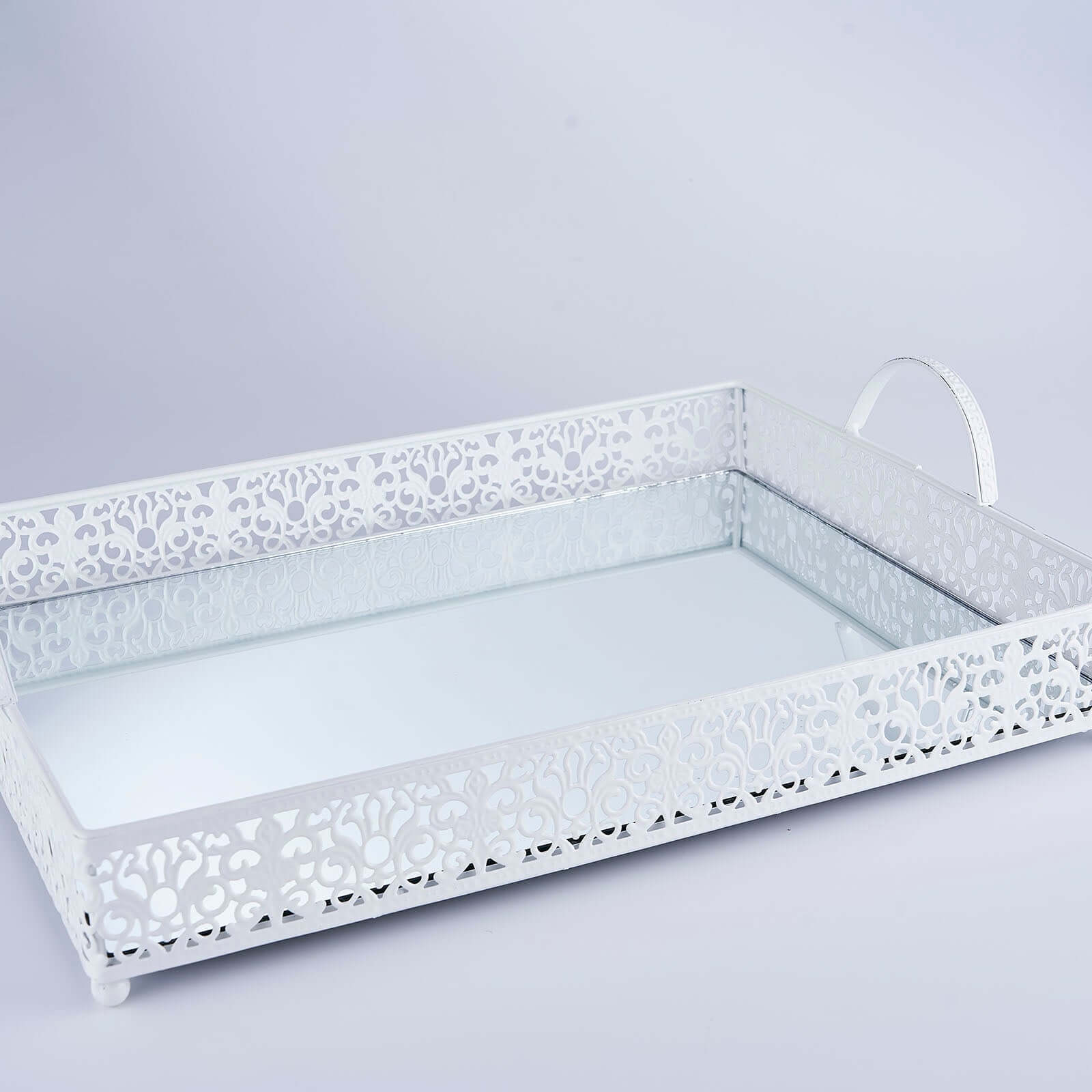 Metal Mirrored Rectangle Serving Tray 16"x12" in White Fleur De Lis Design with Handles, French Inspired Decorative Vanity Tray Centerpiece - Bell Racket Store
