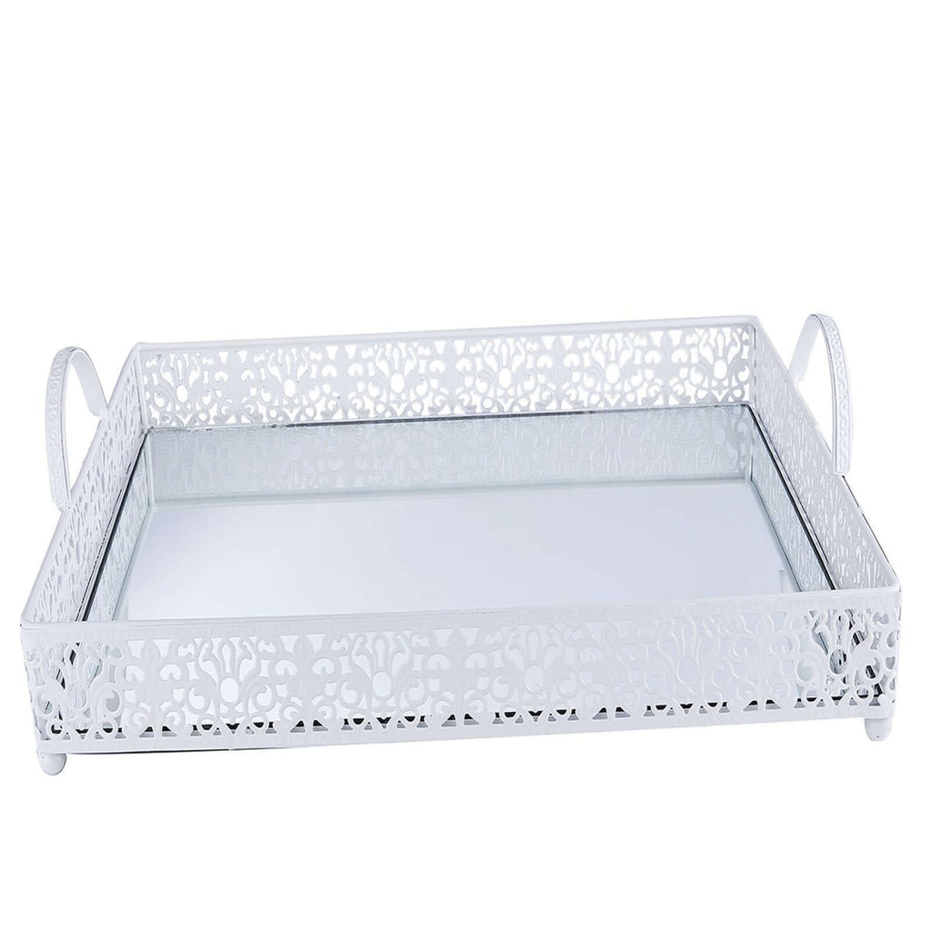 Metal Mirrored Rectangle Serving Tray 16"x12" in White Fleur De Lis Design with Handles, French Inspired Decorative Vanity Tray Centerpiece - Bell Racket Store