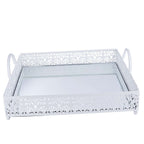 Metal Mirrored Rectangle Serving Tray 16"x12" in White Fleur De Lis Design with Handles, French Inspired Decorative Vanity Tray Centerpiece - Bell Racket Store