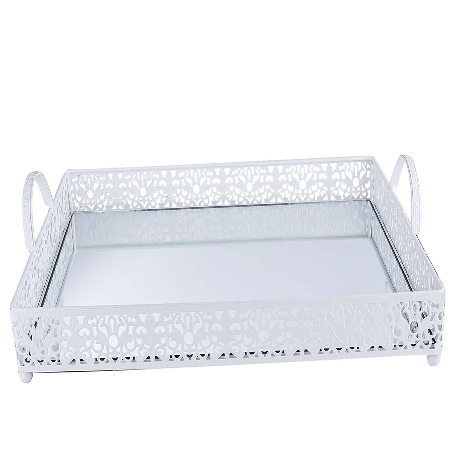 Metal Mirrored Rectangle Serving Tray 16"x12" in White Fleur De Lis Design with Handles, French Inspired Decorative Vanity Tray Centerpiece - Bell Racket Store