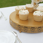 Metal Pedestal Cake Stand Fleur De Lis Round Design Gold - Cupcake Dessert Display Table Centerpiece 12" - Bell Racket Store