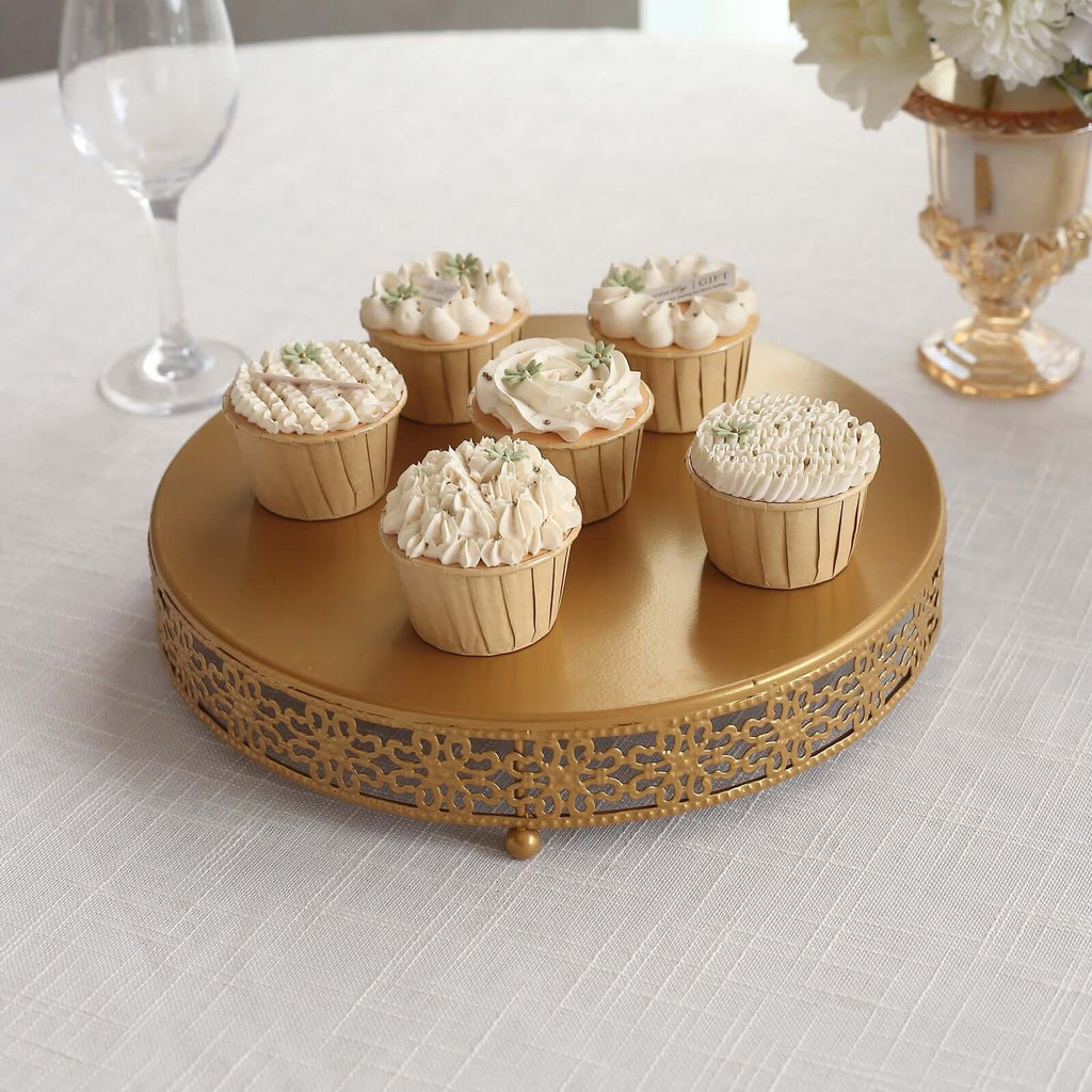 Metal Pedestal Cake Stand Fleur De Lis Round Design Gold - Cupcake Dessert Display Table Centerpiece 12" - Bell Racket Store
