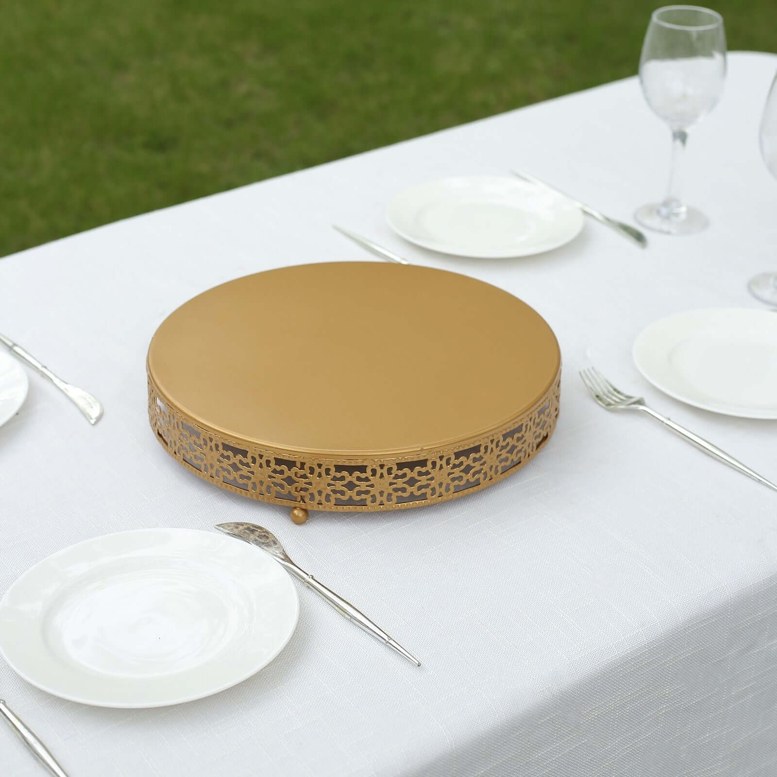 Metal Pedestal Cake Stand Fleur De Lis Round Design Gold - Cupcake Dessert Display Table Centerpiece 12" - Bell Racket Store