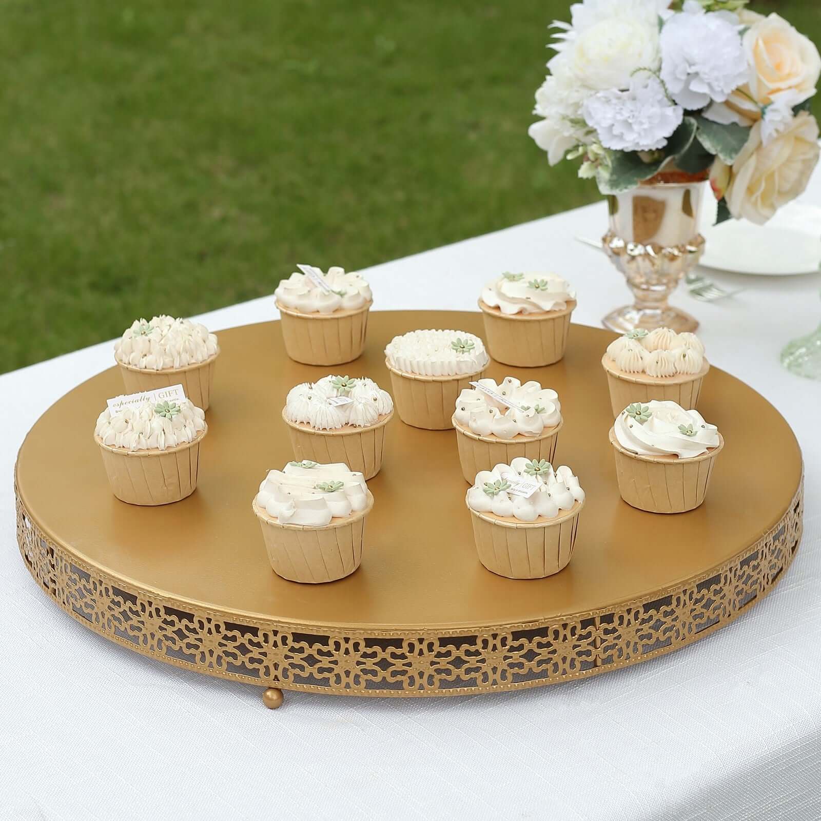 Metal Pedestal Cake Stand Fleur De Lis Round Design Gold - Cupcake Dessert Display Table Centerpiece 20" - Bell Racket Store