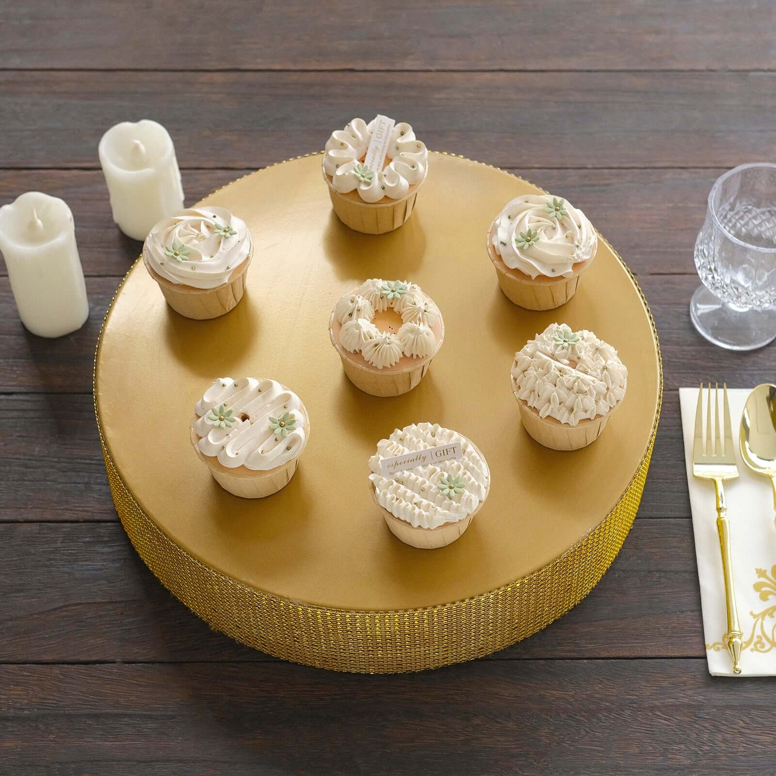 Metal Pedestal Cake Stand Round Design with Rhinestones Gold - Cupcake Holder and Dessert Table Centerpiece 14" - Bell Racket Store
