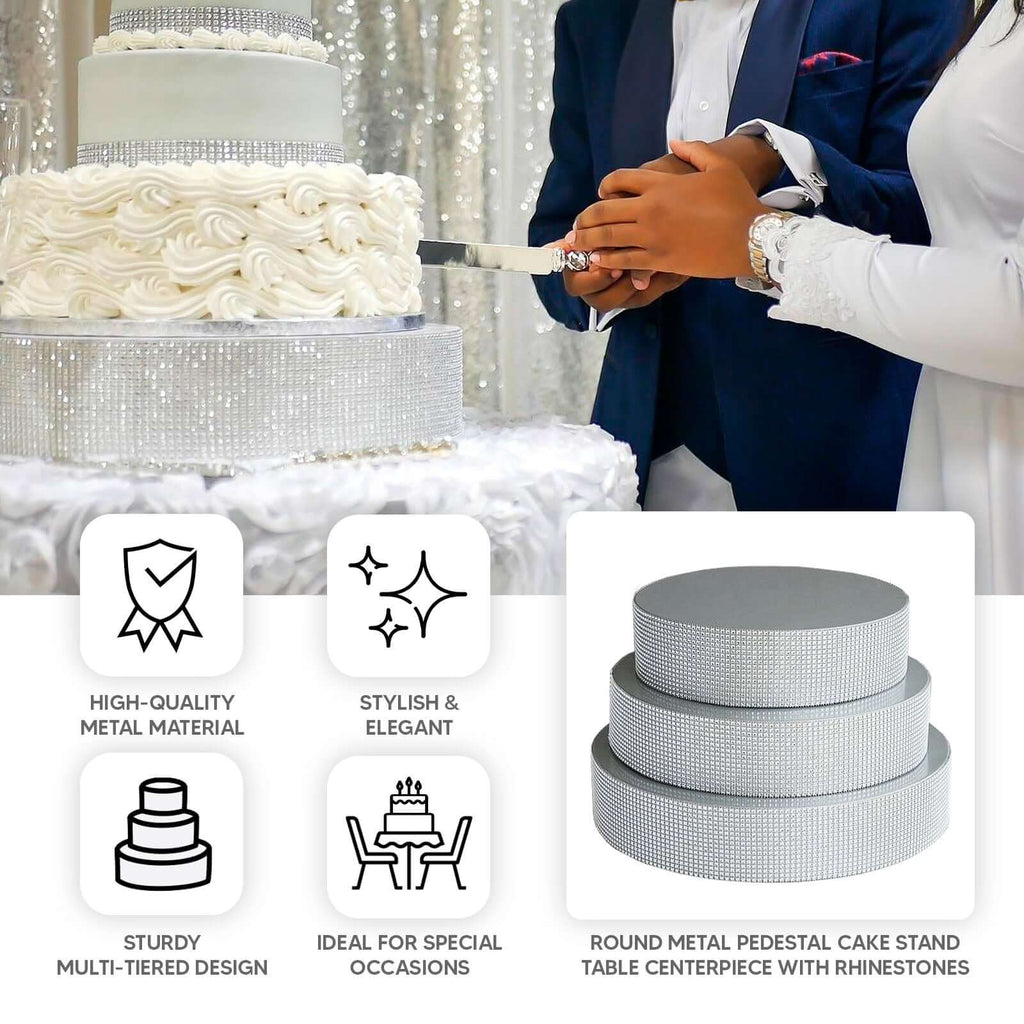 Metal Pedestal Cake Stand Round Design with Rhinestones Silver - Cupcake Holder and Dessert Table Centerpiece 12" - Bell Racket Store