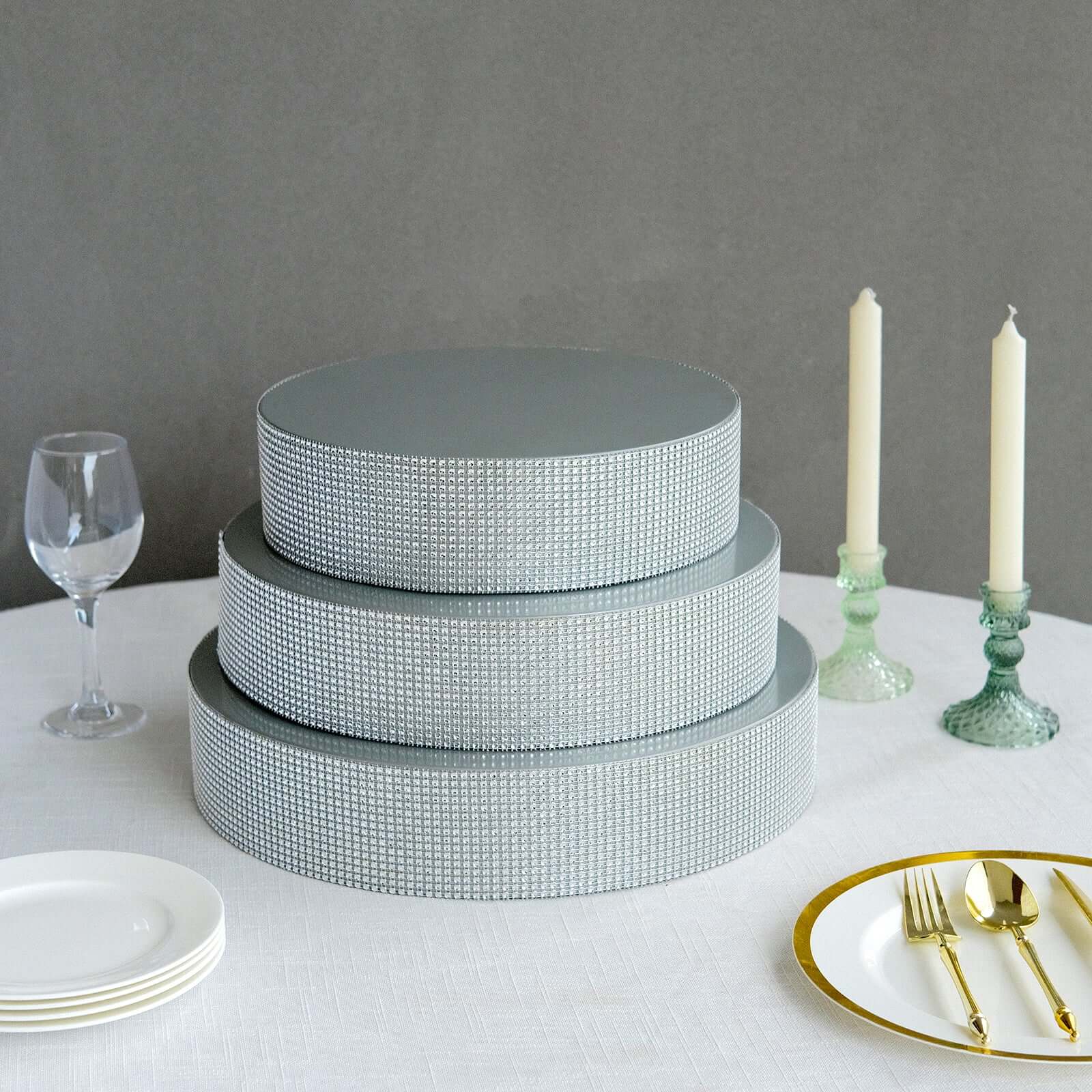 Metal Pedestal Cake Stand Round Design with Rhinestones Silver - Cupcake Holder and Dessert Table Centerpiece 12" - Bell Racket Store