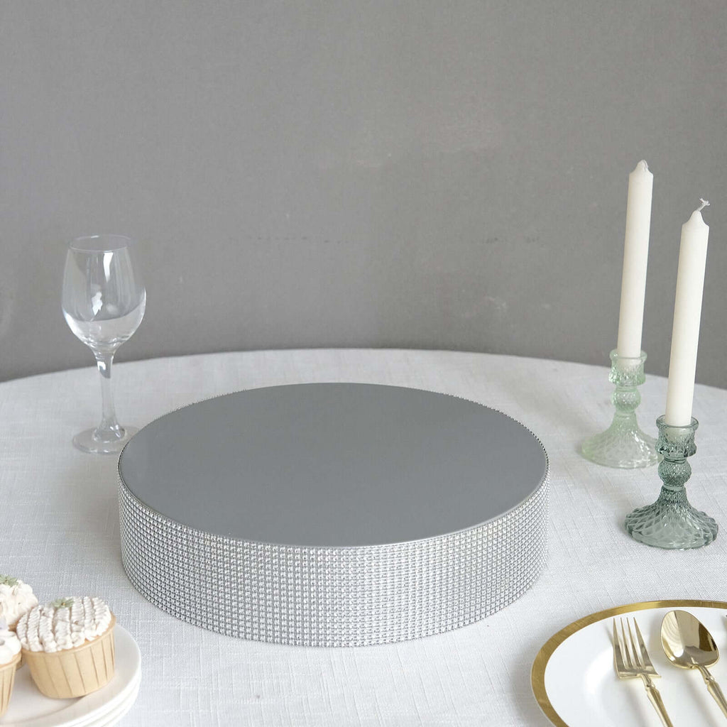 Metal Pedestal Cake Stand Round Design with Rhinestones Silver - Cupcake Holder and Dessert Table Centerpiece 14" - Bell Racket Store