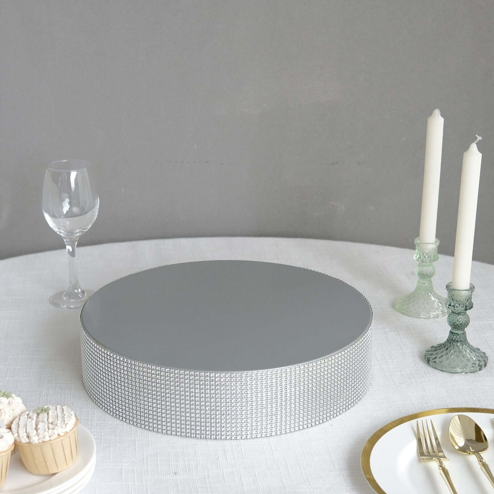 Metal Pedestal Cake Stand Round Design with Rhinestones Silver - Cupcake Holder and Dessert Table Centerpiece 14" - Bell Racket Store