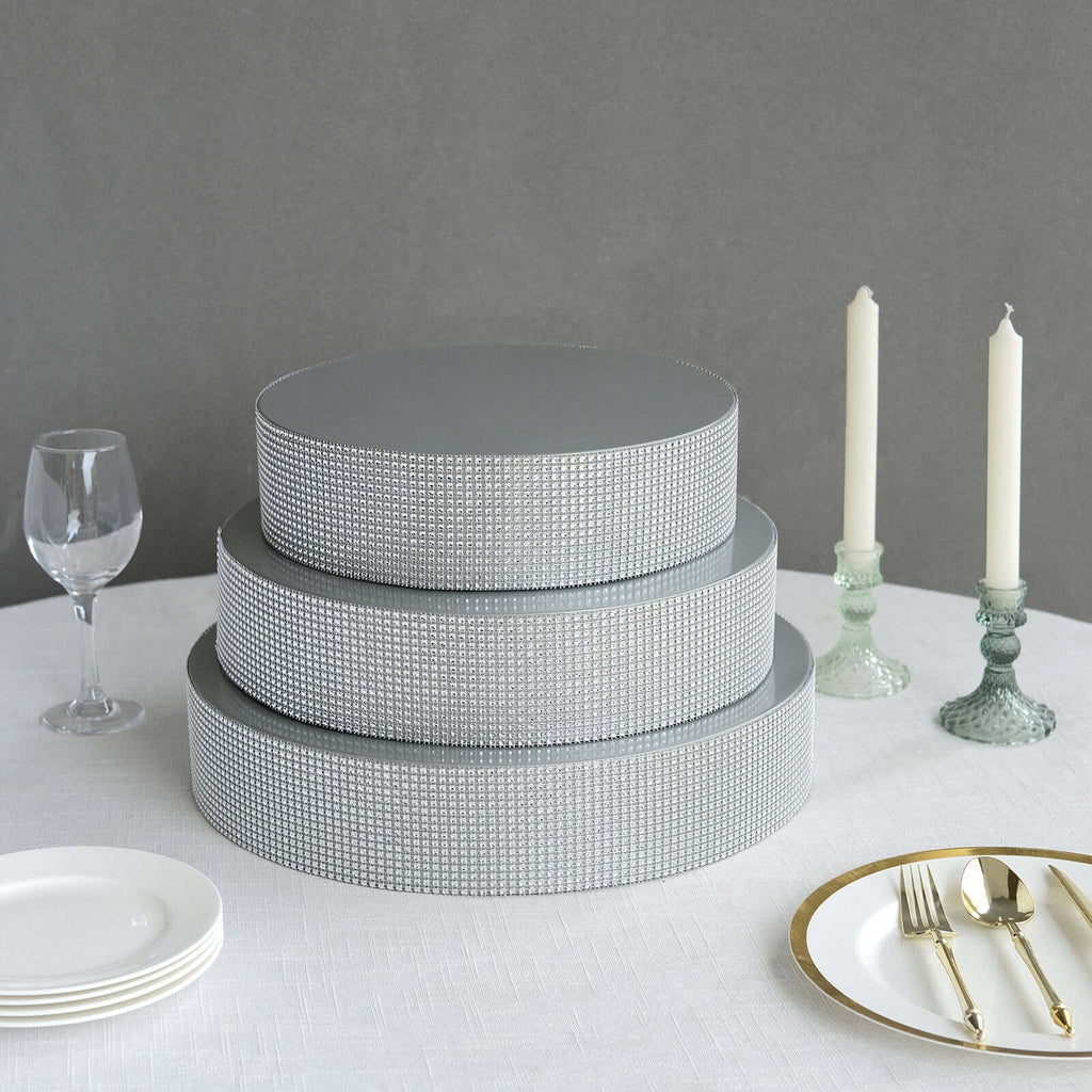 Metal Pedestal Cake Stand Round Design with Rhinestones Silver - Cupcake Holder and Dessert Table Centerpiece 14" - Bell Racket Store