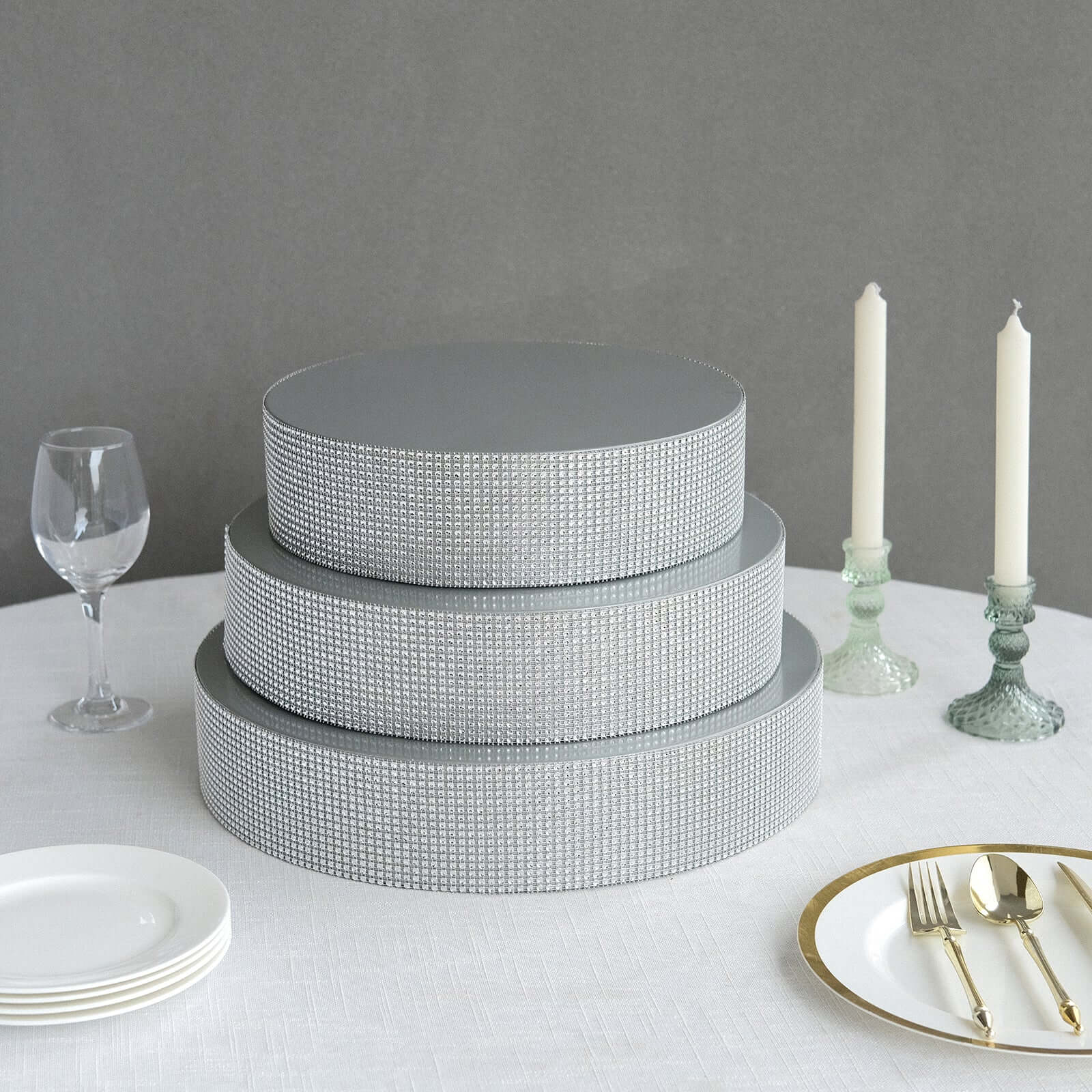 Metal Pedestal Cake Stand Round Design with Rhinestones Silver - Cupcake Holder and Dessert Table Centerpiece 16" - Bell Racket Store