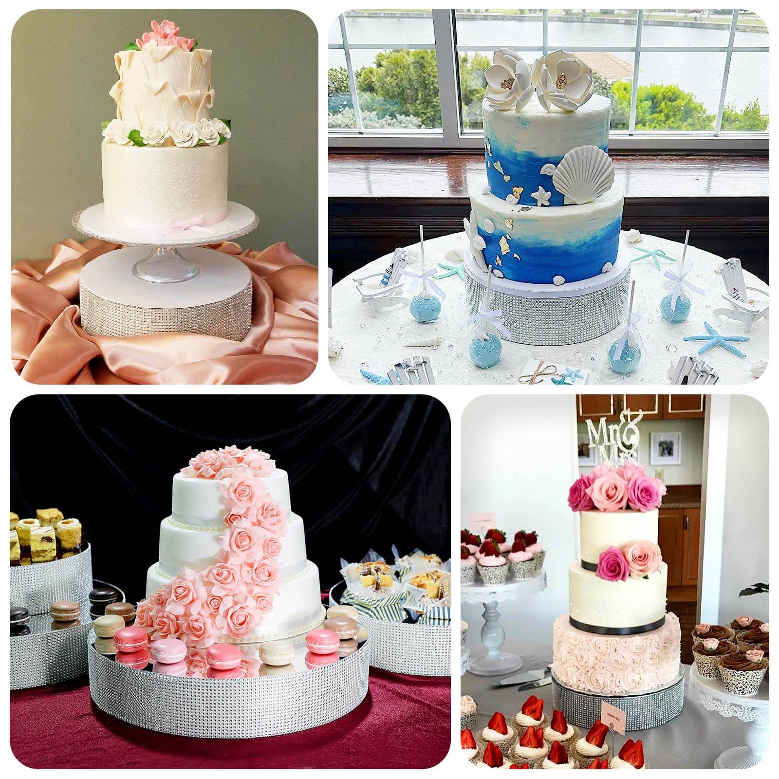 Metal Pedestal Cake Stand Round Design with Rhinestones Silver - Cupcake Holder and Dessert Table Centerpiece 16" - Bell Racket Store