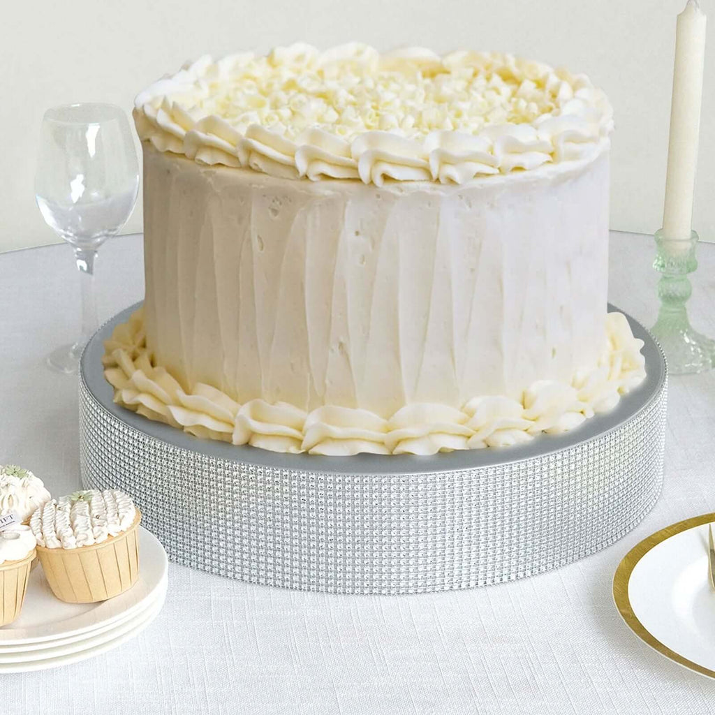 Metal Pedestal Cake Stand Round Design with Rhinestones Silver - Cupcake Holder and Dessert Table Centerpiece 16" - Bell Racket Store