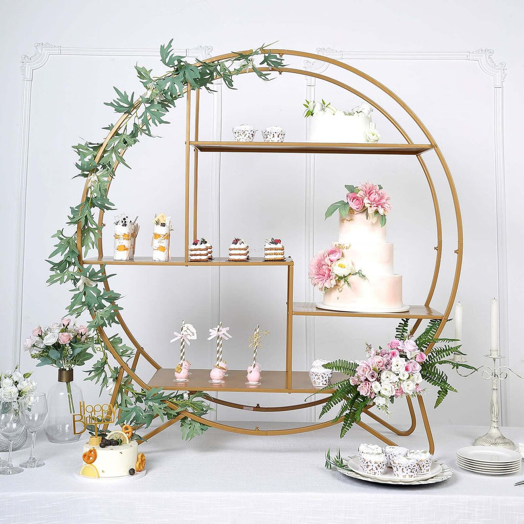Metal Round Cake Dessert Display Stand 4ft Gold - Sturdy Large Modern Shelf Rack for Event Backdrops Balloon Garlands Floral Installations & Bookcase - Bell Racket Store