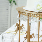 Metal Round Pedestal Cake Stand Gold Carousel Design with Hanging Acrylic Beads for Cupcakes & Pastries 14" - Bell Racket Store