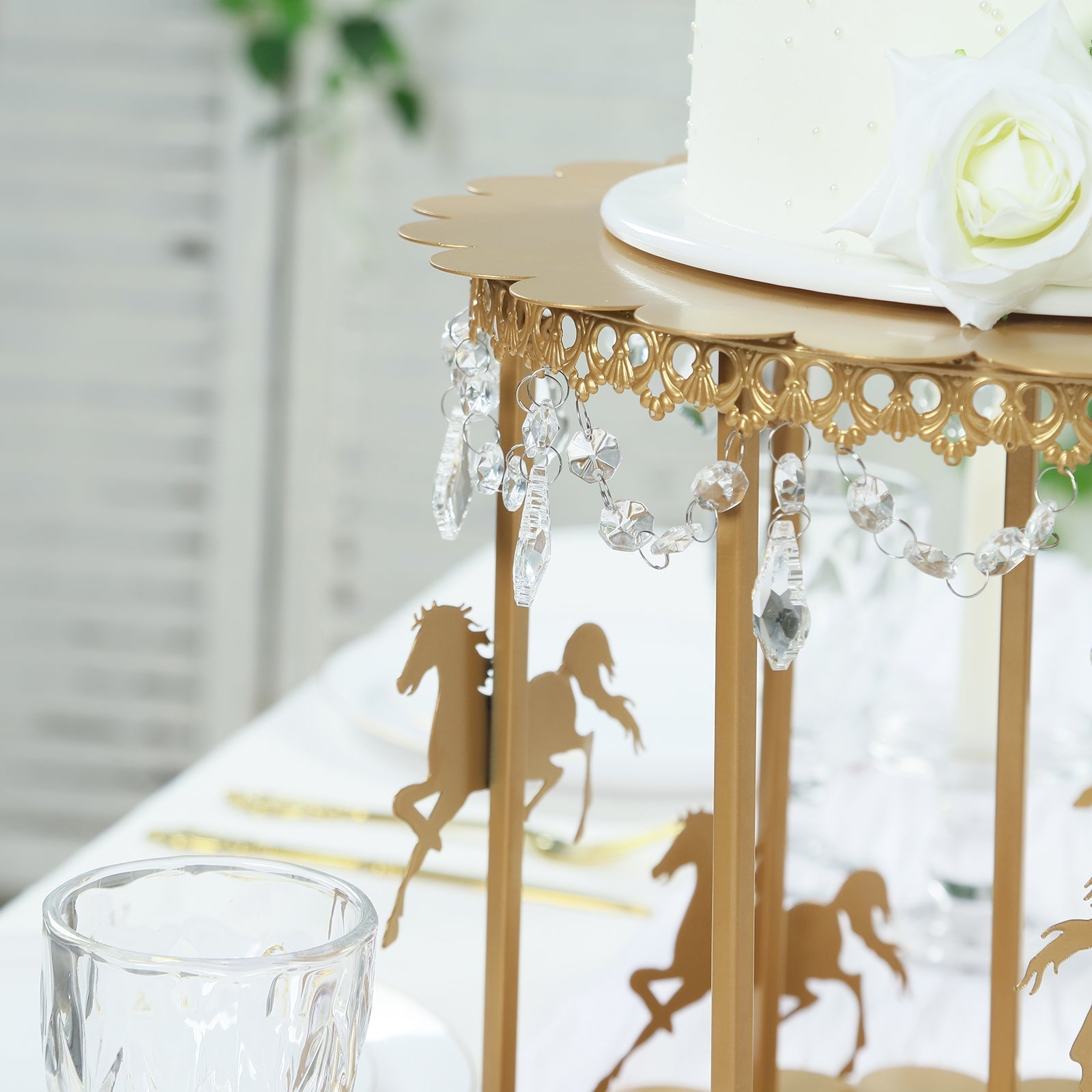 Metal Round Pedestal Cake Stand Gold Carousel Design with Hanging Acrylic Beads for Cupcakes & Pastries 14" - Bell Racket Store