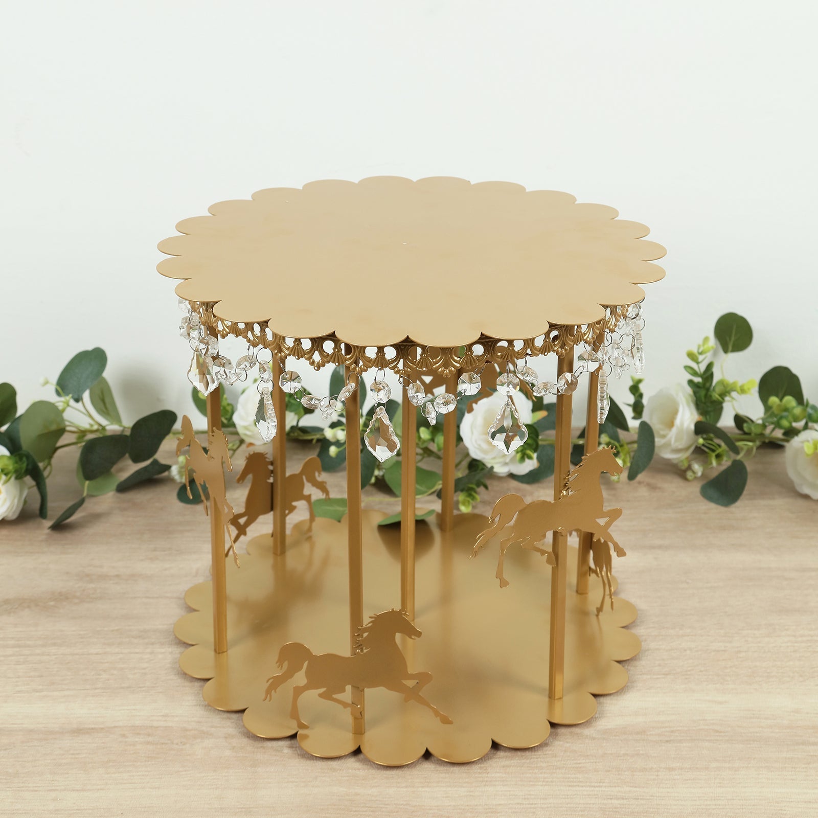 Metal Round Pedestal Cake Stand Gold Carousel Design with Hanging Acrylic Beads for Cupcakes & Pastries 14" - Bell Racket Store
