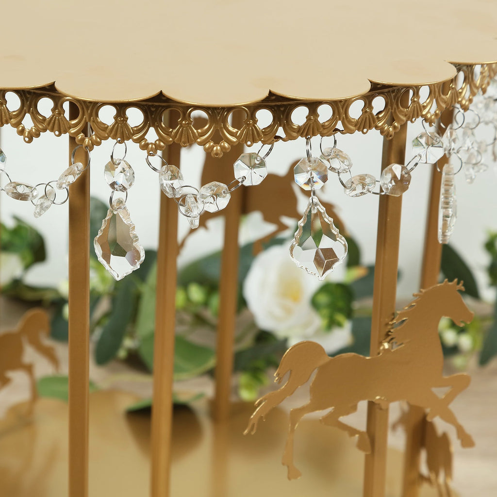 Metal Round Pedestal Cake Stand Gold Carousel Design with Hanging Acrylic Beads for Cupcakes & Pastries 14" - Bell Racket Store