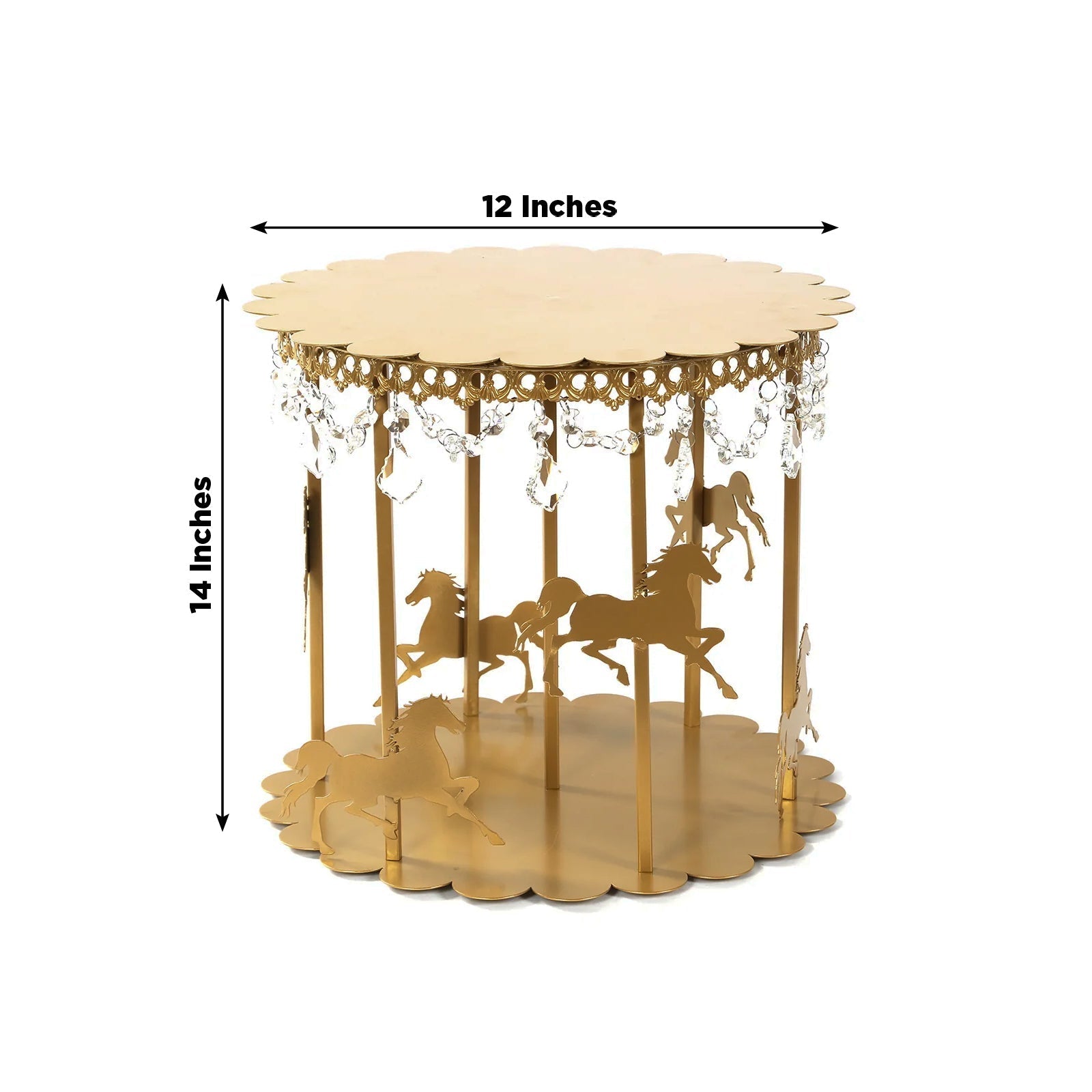 Metal Round Pedestal Cake Stand Gold Carousel Design with Hanging Acrylic Beads for Cupcakes & Pastries 14" - Bell Racket Store
