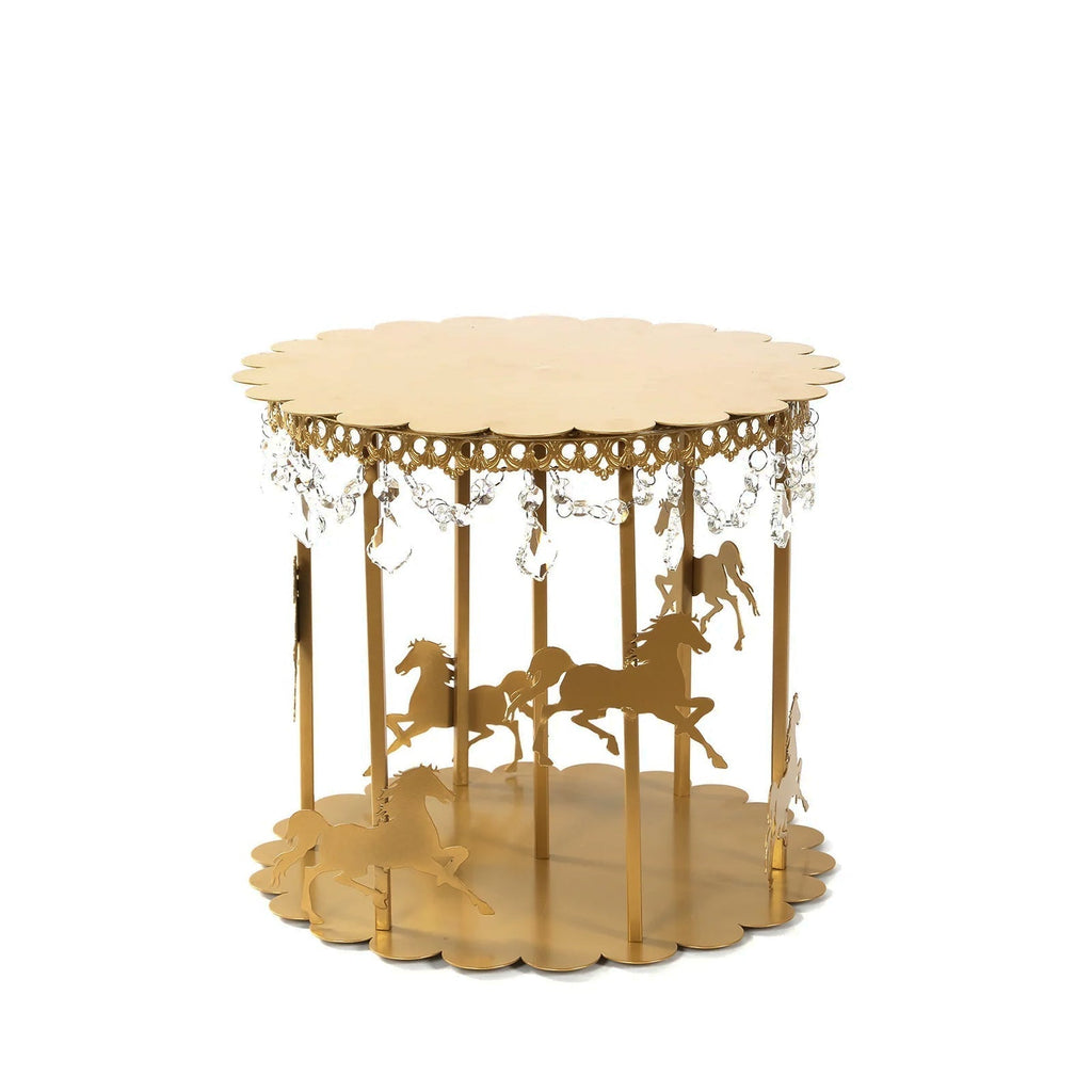 Metal Round Pedestal Cake Stand Gold Carousel Design with Hanging Acrylic Beads for Cupcakes & Pastries 14" - Bell Racket Store