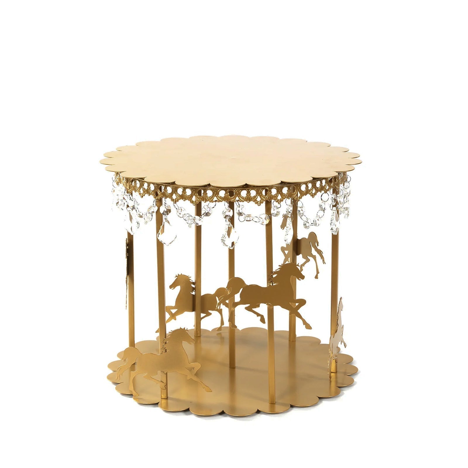 Metal Round Pedestal Cake Stand Gold Carousel Design with Hanging Acrylic Beads for Cupcakes & Pastries 14" - Bell Racket Store