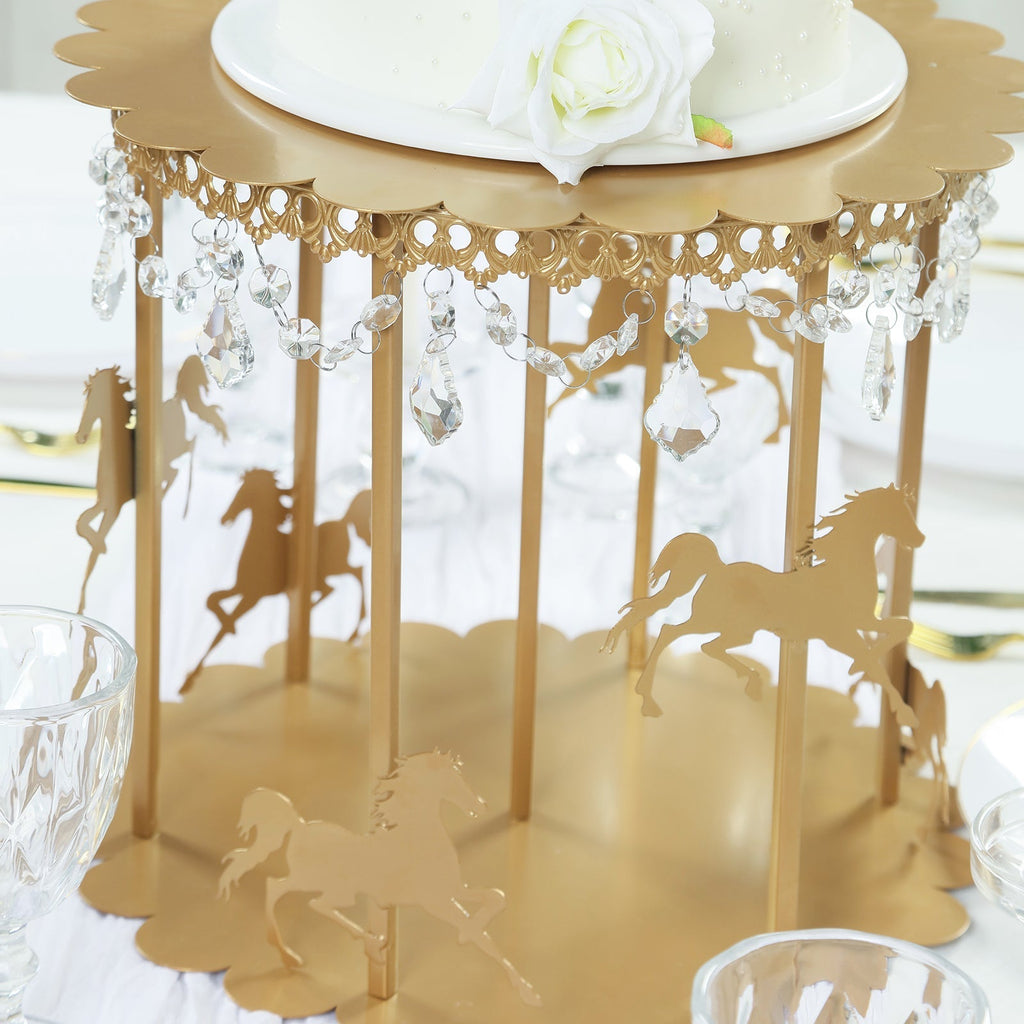 Metal Round Pedestal Cake Stand Gold Carousel Design with Hanging Acrylic Beads for Cupcakes & Pastries 14" - Bell Racket Store