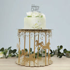 Metal Round Pedestal Cake Stand Gold Carousel Design with Hanging Acrylic Beads for Cupcakes & Pastries 14" - Bell Racket Store