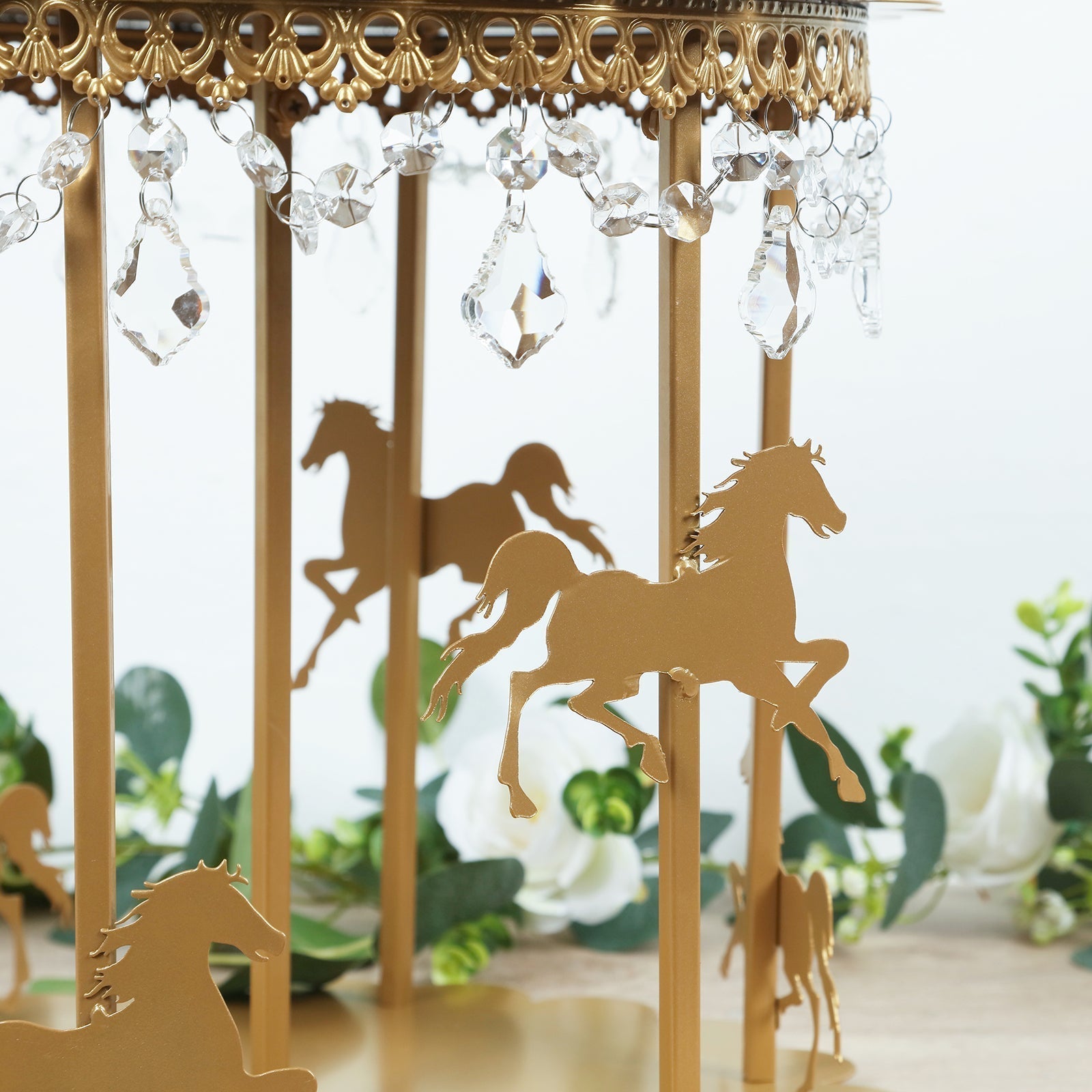 Metal Round Pedestal Cake Stand Gold Carousel Design with Hanging Acrylic Beads for Cupcakes & Pastries 14" - Bell Racket Store