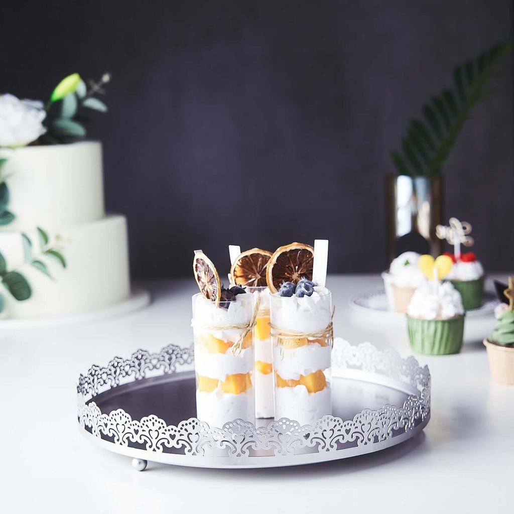 Metal Round Serving Tray 12" in Silver with Embellished Rims, Stylish Decorative Vanity Tray Centerpiece