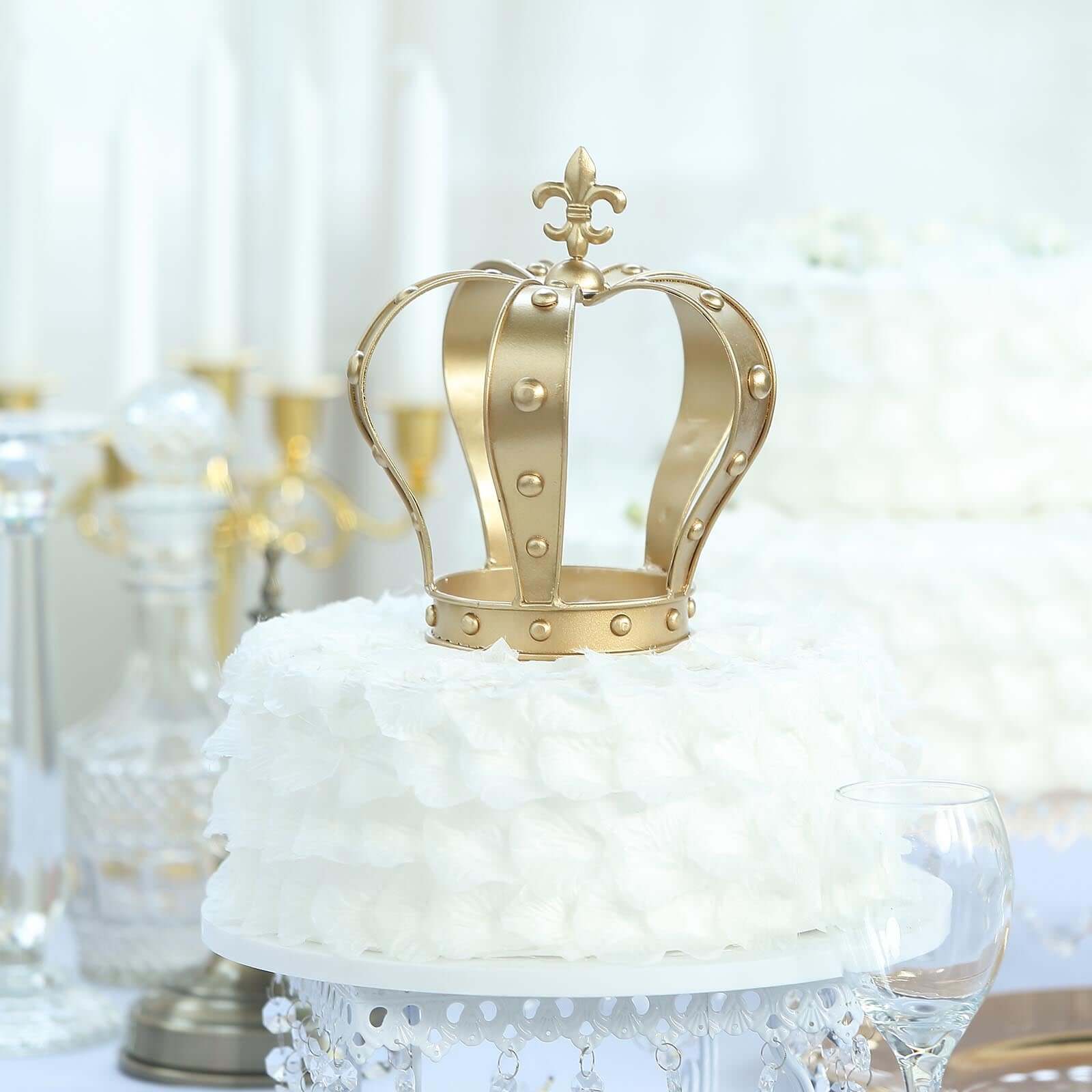 Metal Royal Crown Cake Topper 8" Gold Fleur-De-Lis Top - Refined Cake Centerpiece Decoration for Upscale & Royal-Themed Events
