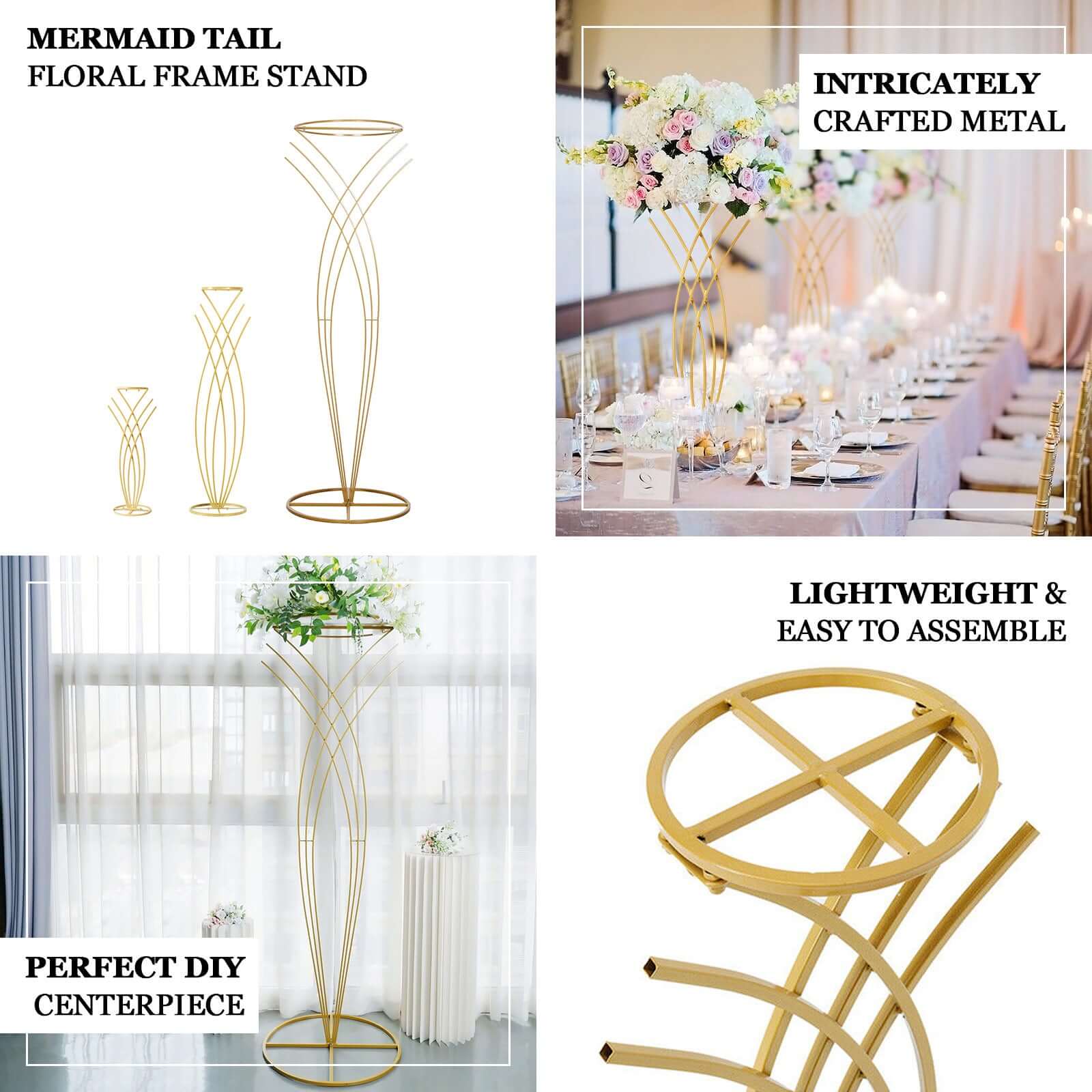 Metal Table Centerpiece Gold Mermaid Tail Design - Wedding Floral Display Flower Frame Stand 2ft - Bell Racket Store