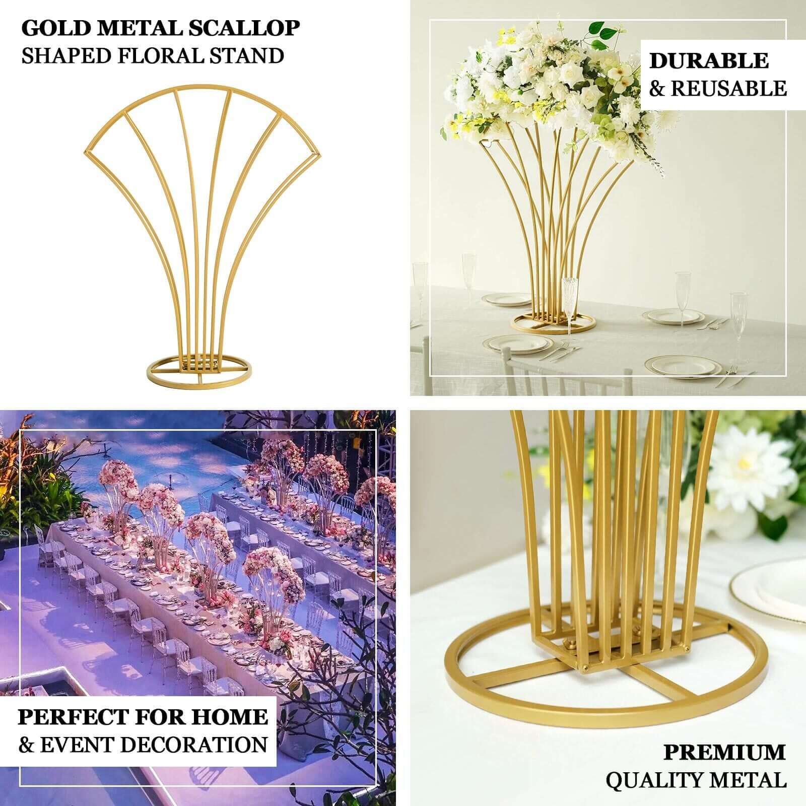 Metal Table Centerpiece Gold Scalloped Fan Shape Design - Wedding Floral Display Flower Frame Stand 32" - Bell Racket Store