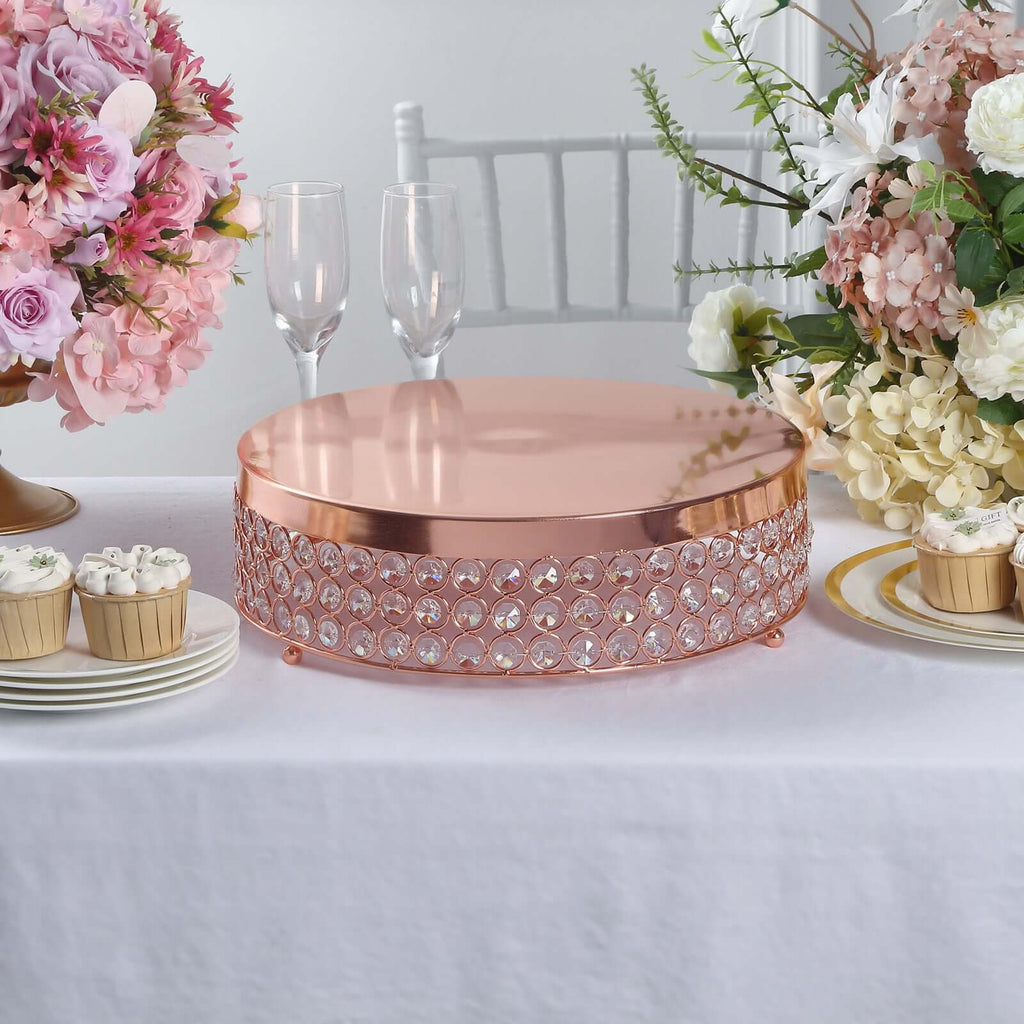 Metal Cake Stand Pedestal Crystal Beaded Design Rose Gold - Cupcake Display and Dessert Riser 14"