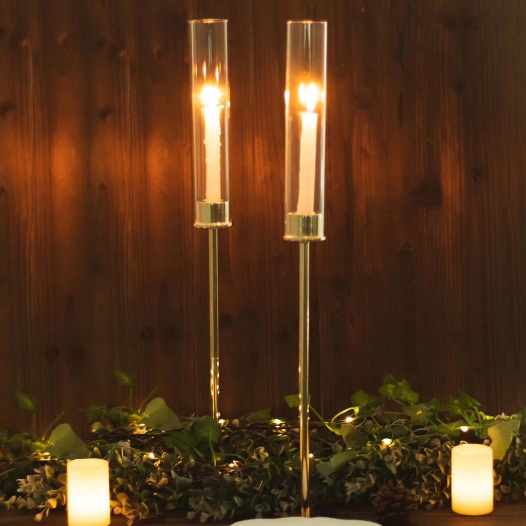 2-Pack Gold Metal Taper Candlestick Holders, Clear Glass Hurricane Candle Stands With Chimney Candle Shades 24"