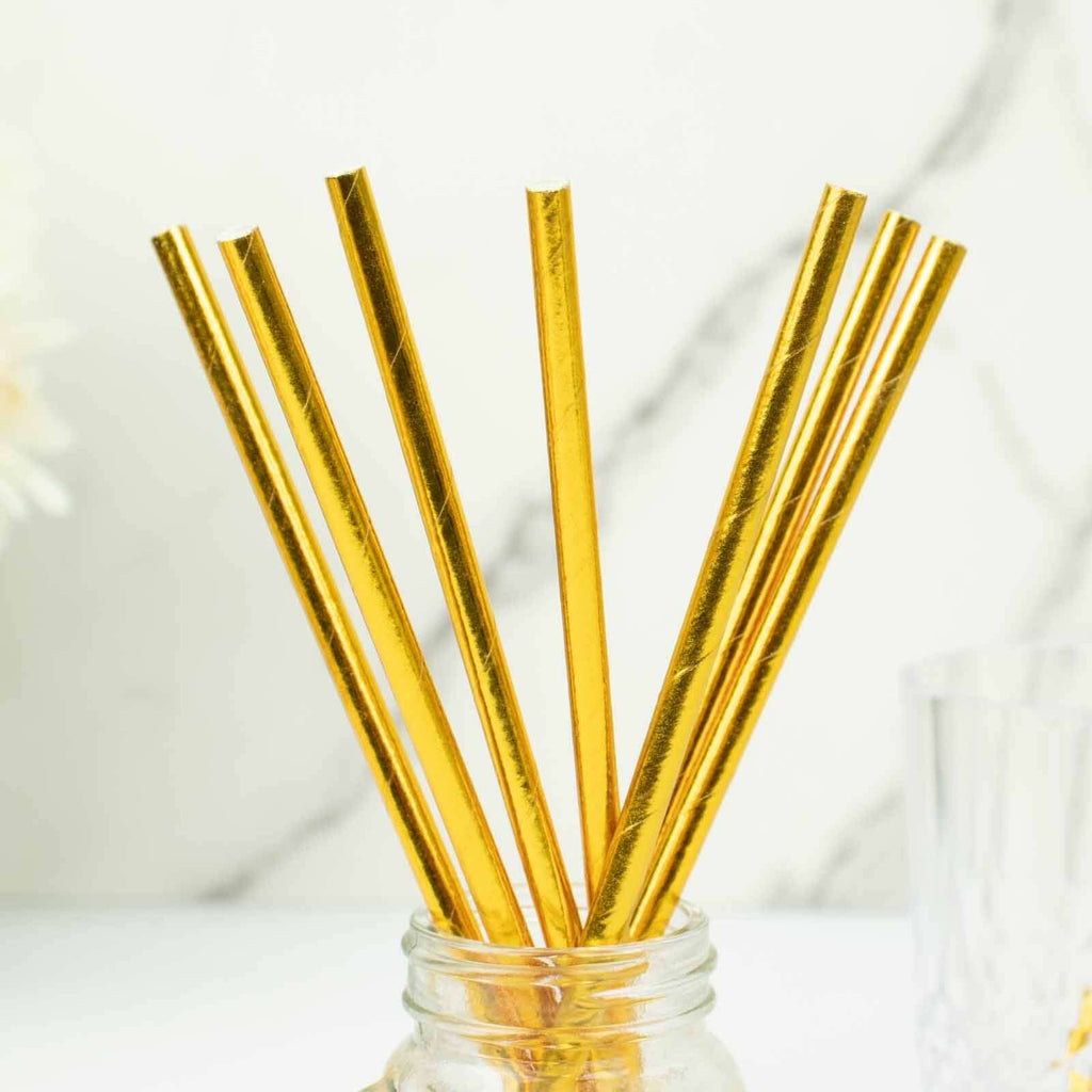 50-Pack Paper Drinking Straws Metallic Gold Foil Food Grade - Disposable Biodegradable Straws for Events 8"